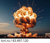 Nuclear explosion is process of releasing large amounts of thermal and radiant energy as result of uncontrolled chain nuclear fission reaction in a very short time. AI generated. Thermonuclear fusion. Стоковое AI-изображение, AI-художник Юлия Петровская / Фотобанк Лори