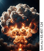Nuclear explosion is process of releasing large amounts of thermal and radiant energy as result of uncontrolled chain nuclear fission reaction in a very short time. AI generated. Thermonuclear fusion. Стоковое AI-изображение, AI-художник Юлия Петровская / Фотобанк Лори