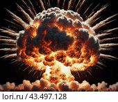 Nuclear explosion is process of releasing large amounts of thermal and radiant energy as result of uncontrolled chain nuclear fission reaction in a very short time. AI generated. Thermonuclear fusion. Стоковое AI-изображение, AI-художник Юлия Петровская / Фотобанк Лори