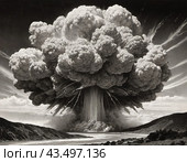 Nuclear explosion is process of releasing large amounts of thermal and radiant energy as result of uncontrolled chain nuclear fission reaction in a very short time. AI generated. Thermonuclear fusion. Стоковое AI-изображение, AI-художник Юлия Петровская / Фотобанк Лори