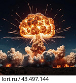Nuclear explosion is process of releasing large amounts of thermal and radiant energy as result of uncontrolled chain nuclear fission reaction in a very short time. AI generated. Thermonuclear fusion. Стоковое AI-изображение, AI-художник Юлия Петровская / Фотобанк Лори