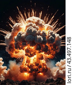 Nuclear explosion is process of releasing large amounts of thermal and radiant energy as result of uncontrolled chain nuclear fission reaction in a very short time. AI generated. Thermonuclear fusion. Стоковое AI-изображение, AI-художник Юлия Петровская / Фотобанк Лори