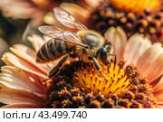 Bee collecting nectar on a flower close-up. Macro photography. Стоковое AI-изображение, AI-художник Photojuli / Фотобанк Лори