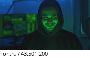 Portrait of a Russian hacker grinning at the camera. Стоковое видео, видеограф Strunov David / Фотобанк Лори
