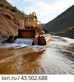 Gold mining by washing the soil using an industrial dredge. Стоковое AI-изображение, AI-художник Евгений Ткачёв / Фотобанк Лори
