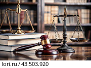 Justice and the law. A wooden hammer, books and scales on the table. The court session. Стоковое AI-изображение, AI-художник Photojuli / Фотобанк Лори