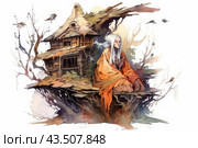 An old woman with long white hair sitting on the ground near an old wooden house against the backdrop of a branchy tree. She is wearing a long orange robe. Next to the house there is a tree with several branches on which birds sit. The entire composition is made in a fairy-tale style with watercolor elements, which creates a feeling of magic and an old fairy tale. Стоковое AI-изображение, AI-художник Анна Кривицкая / Фотобанк Лори