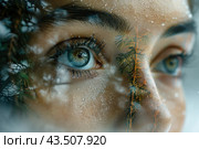 Close-up of the face of a young girl with bright blue eyes, whose image is superimposed on a forest landscape. The double exposure effect creates the impression that tree branches and forest elements intertwine with the girl's facial features. Drops of water on the skin add a feeling of freshness and morning dew. The girl’s gaze is focused into the distance, which gives the image thoughtfulness and depth. Стоковое AI-изображение, AI-художник Анна Кривицкая / Фотобанк Лори