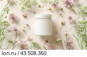 In the midst of a pink setting, there is a white vase surrounded by pink and white flowers. Стоковое AI-изображение, AI-художник Юрий Поздников / Фотобанк Лори