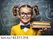 A pretty girl with glasses and books in her hands. The child goes to school for the first time. A child in the classroom on the background of a blackboard. Back to school. Стоковое AI-изображение, AI-художник Photojuli / Фотобанк Лори