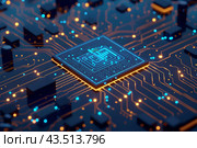 Микросхема со светящимися синими лампочками на печатной плате. Стоковое AI-изображение, AI-художник Максим Коломыченко / Фотобанк Лори