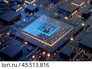 Микросхема со светящимися синими лампочками на печатной плате. Стоковое AI-изображение, AI-художник Максим Коломыченко / Фотобанк Лори