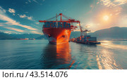 Cargo Ship Docked at Port With Container Yard and Car Driving in Foreground. Стоковое AI-изображение, AI-художник Юлия Гапеенко / Фотобанк Лори