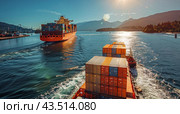 Cargo Ship Docked at Port With Container Yard and Car Driving in Foreground. Стоковое AI-изображение, AI-художник Юлия Гапеенко / Фотобанк Лори