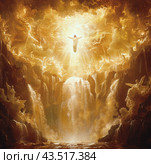 Golden Light Emanating From Jesus Ascendancy Amidst Heavenly Waterfalls. Стоковое AI-изображение, AI-художник Юлия Гапеенко / Фотобанк Лори