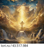 Golden Light Emanating From Jesus Ascendancy Amidst Heavenly Waterfalls. Стоковое AI-изображение, AI-художник Юлия Гапеенко / Фотобанк Лори