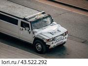 White wedding limousine parked on street. Hummer H2 long car, aerial front side view (2024 год). Редакционное фото, фотограф Константин Григорьев / Фотобанк Лори