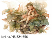 Little girl sitting among big leaves. The girl is dressed in a light orange dress and decorated with a wreath of leaves. She sits in a relaxed position, leaning on her hand and looking dreamily ahead. Around her are soft, delicate shades of green and beige, creating a magical atmosphere. Стоковое AI-изображение, AI-художник Анна Кривицкая / Фотобанк Лори