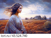Young woman with long flowing hair standing against the backdrop of a rural landscape. Her thoughtful gaze is directed into the distance, her hair flutters in the wind. In the background you can see old wooden houses and a golden field along which waves of ears of grain run under the gusts of wind. A picturesque sky with clouds, illuminated by the setting sun, stretches above the horizon. Стоковое AI-изображение, AI-художник Анна Кривицкая / Фотобанк Лори