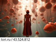 Woman standing with her back to the viewer. She is wearing a long red dress and a cap. Numerous red spherical objects on threads hang around it, creating the effect of airiness and a mystical atmosphere. The stage is illuminated with soft, diffused light, creating the impression of an underground world or a fantastic cave. Стоковое AI-изображение, AI-художник Анна Кривицкая / Фотобанк Лори