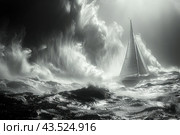 A sailboat that is in a stormy sea. Huge waves rage around him, creating a dramatic and powerful scene. Light penetrates clouds and waves, giving the image contrast and depth. This black and white image highlights the strength of nature and the fragility of the human presence against the backdrop of the ocean elements. Стоковое AI-изображение, AI-художник Анна Кривицкая / Фотобанк Лори