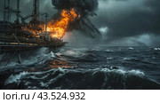 Burning oil platform at sea. The platform is engulfed in flames, tongues of fire and clouds of thick black smoke bursting out of it. The sea around is seething and stormy, with large waves crashing against the platform, adding to the drama of the scene. The sky is overcast with dark thunderclouds, enhancing the atmosphere of disaster and danger. Стоковое AI-изображение, AI-художник Анна Кривицкая / Фотобанк Лори
