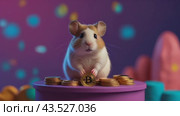 Cartoon hamster on purple platform with Bitcoin coins on Vibrant Pink and Blue Background. Hamster kombat game on cryptocurrency mining, concept of mini games on cryptocurrency earning. Стоковое AI-видео, аниматор Терехова Марина / Фотобанк Лори