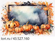 Autumn greeting from pumpkins and Halloween attributes with copy space. Стоковое AI-изображение, AI-художник Мария Мороз / Фотобанк Лори
