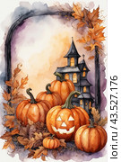 Autumn greeting from pumpkins and Halloween attributes with copy space. Стоковое AI-изображение, AI-художник Мария Мороз / Фотобанк Лори