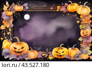 Autumn poster made of pumpkins, hats and Halloween attributes with copy space. Стоковое AI-изображение, AI-художник Мария Мороз / Фотобанк Лори