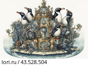 An intricate composition with penguins perched on top of an ornate structure. The design consists of many detailed elements such as columns, arches and decorative figures. Penguins take center stage, adding liveliness and contrast to the otherwise stark architectural design. There are also other birds and sea creatures around the penguins, which creates an atmosphere of wealth and fantasy world. Стоковое AI-изображение, AI-художник Анна Кривицкая / Фотобанк Лори
