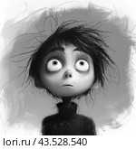 Black and white portrait of a cartoon character with tousled hair and large, wide eyes. The character looks up with an expression of surprise or fear on his face. His eyes stand out against the background of his pale face, creating a feeling of anxiety and worry. The background is made in careless strokes, which gives the picture dynamism and artistic expressiveness. The overall style is reminiscent of Tim Burton's work, with an emphasis on the grotesque and emotional. Стоковое AI-изображение, AI-художник Анна Кривицкая / Фотобанк Лори