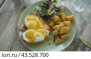 Healthy hearty breakfast of salmon Eggs Benedict dressed with hollandaise sauce and crispy potatoes accompanied by mix of fresh greens. Стоковое видео, видеограф Яков Филимонов / Фотобанк Лори