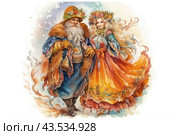 Two fairy-tale characters in traditional Russian clothes. A man with a long gray beard and mustache is dressed in a long blue caftan, decorated with fur, with a hat decorated with flowers and leaves. The woman, with long blond hair, is dressed in a bright and fluffy dress with floral patterns, also decorated with fur and ribbons. They look happy and hold hands, creating an atmosphere of joy and magic. The background is made in soft pastel colors, adding fabulousness and dreaminess to the image. Стоковое AI-изображение, AI-художник Анна Кривицкая / Фотобанк Лори