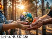 Female and male hands hold a small model of the Earth. Revival. Caring for the planet, ecological awareness and the unity of people in nature conservation. Стоковое AI-изображение, AI-художник Photojuli / Фотобанк Лори