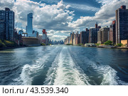 Пейзажная фотография на пролив Ист-Ривер в Нью-Йорке, США. Вид с теплохода. Стоковое AI-изображение, AI-художник Максим Коломыченко / Фотобанк Лори