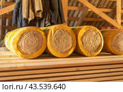 Insulation rolls in yellow packaging in the attic of a wooden house. r. Стоковое фото, фотограф Дмитрий Львович Алферов / Фотобанк Лори