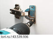 Сборка мебели и установка дверных петель с помощью шуруповерта. Стоковое фото, фотограф Viktoriya S. / Фотобанк Лори