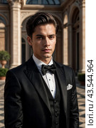Portrait of handsome young man in tuxedo and bow tie at luxury palace, serious looking at camera. Confident stylish guy businessman in tux. Fashionable festive image concept. Copy ad text space. Стоковое AI-изображение, AI-художник Aleksandr Golubev / Фотобанк Лори