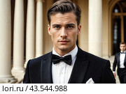 Portrait of handsome young man in tuxedo and bow tie at luxury palace, serious looking at camera. Confident stylish guy businessman in tux. Fashionable festive image concept. Copy ad text space. Стоковое AI-изображение, AI-художник Aleksandr Golubev / Фотобанк Лори