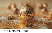 Christmas greeting card with golden Christmas tree ball and text 2025, garland lights and Christmas tree on festive background. Slow motion footage. Happy New Year holidays. Стоковое AI-видео, аниматор Ирина Михайличенко / Фотобанк Лори