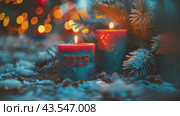 Christmas candles and lights with text 2025 against a festive blurred background. Slow motion footage. Holiday concept. Стоковое AI-видео, аниматор Ирина Михайличенко / Фотобанк Лори