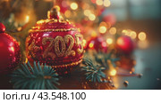 Christmas greeting card with red Christmas tree ball and text 2025, garland lights and Christmas tree on festive background. Slow motion footage. Happy New Year holidays. Стоковое AI-видео, аниматор Ирина Михайличенко / Фотобанк Лори