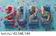 Happy new year holiday background with numbers 2025. 3D text saying 2025 made of color confetti, splash font, with color background, greeting card, Christmas and new year celebration, holiday season. Стоковое AI-видео, аниматор Ирина Михайличенко / Фотобанк Лори