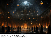 The majestic interior of a huge hall filled with mystical light. In the center of the composition is a giant model of the planet, surrounded by many glowing lamps suspended on long threads. Figures in dark robes gathered in the hall, creating the atmosphere of a mysterious ritual or meeting. The architecture of the hall is made in the Gothic style with high vaulted ceilings and arches. Light from lamps and candles reflects on the wet floor, adding drama to the scene. Стоковое AI-изображение, AI-художник Анна Кривицкая / Фотобанк Лори