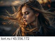 A beautiful, young woman with a thoughtful look. The hair develops in the wind and gives a feeling of lightness and naturalness. Стоковое AI-изображение, AI-художник Photojuli / Фотобанк Лори