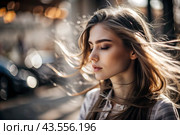 A beautiful, young woman with a thoughtful look. The hair develops in the wind and gives a feeling of lightness and naturalness. Стоковое AI-изображение, AI-художник Photojuli / Фотобанк Лори