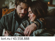 Couple Embraces On A Cozy Couch In A Home Interior Setting. Стоковое AI-изображение, AI-художник Сергей Толмачёв / Фотобанк Лори