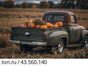 Autumn, autumn design. A large harvest of pumpkins on the back seat of a retro pickup truck, close-up. Стоковое AI-изображение, AI-художник Photojuli / Фотобанк Лори