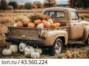 Autumn, autumn design. A large harvest of pumpkins on the back seat of a retro pickup truck, close-up. Стоковое AI-изображение, AI-художник Photojuli / Фотобанк Лори